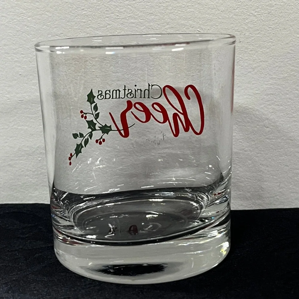 Christmas Cheer Rocks Glass Holly Berry Lowball Whiskey Holiday Barware 10 oz